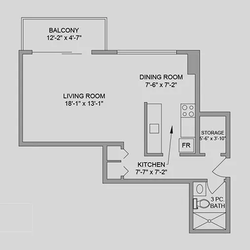 diagram of the standard floorplan for studio suites at Renaissance Retirement Residence in Victoria, BC