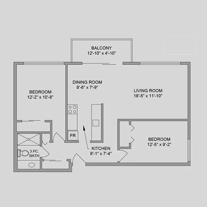 diagram of the standard floorplan for two-bedroom suites at Renaissance Retirement Residence in Victoria, BC