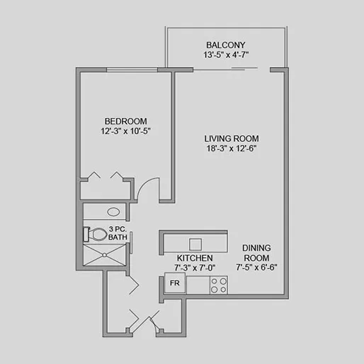 diagram of the standard floorplan for one-bedroom suites at Renaissance Retirement Residence in Victoria, BC